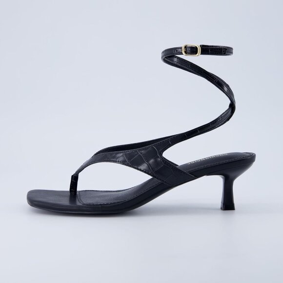 Women’s Faux Leather Ankle Wrap Heel Sandals 7 Wide Kitten Cushion Comfort - Picture 8 of 9